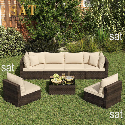 7 PCS Patio Rattan Furniture Set Sectional Sofa Cushioned Garden Brown