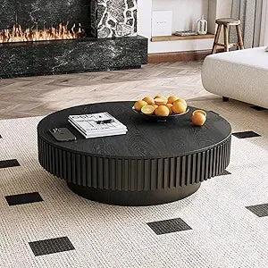 Round Coffee Table, Modern Black Side Table End Table for Living Room, Wood Circle Drum Coffee Table with Handcrafted Relief, Co