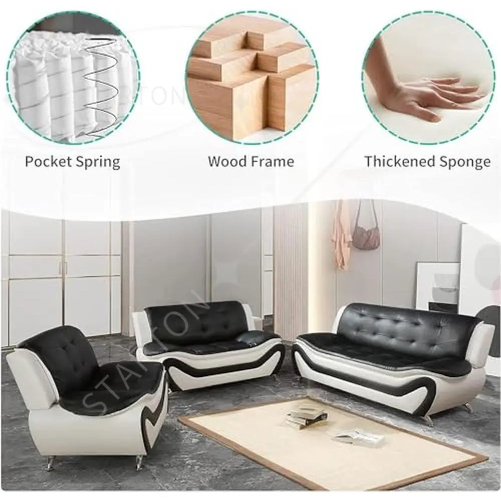 Living Room Furniture Set 3 PCS Black/White Ergonomic Design Breathable Faux Leather Upholstery Contemporary Vegan Leather Sofa