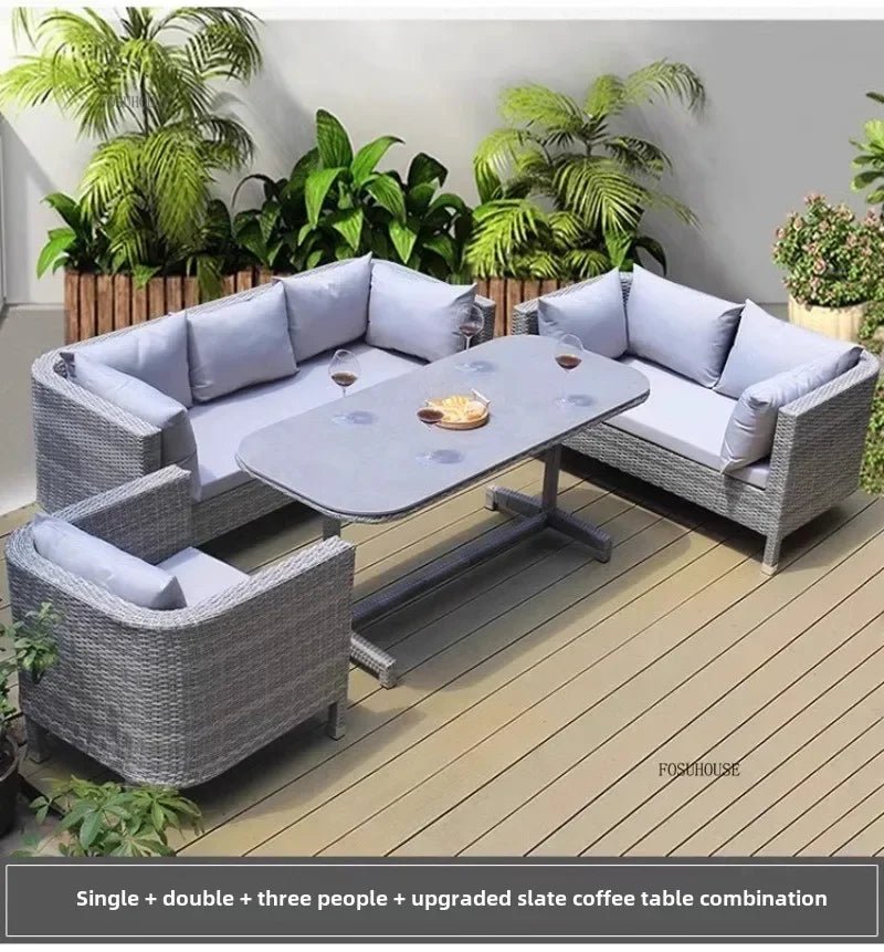 Nordic Outdoor Garden Sofas Leisure PE Rattan Garden Terrace Sofa Chair Set Courtyard Balcony Double Sofa Outdoor Furniture GG A