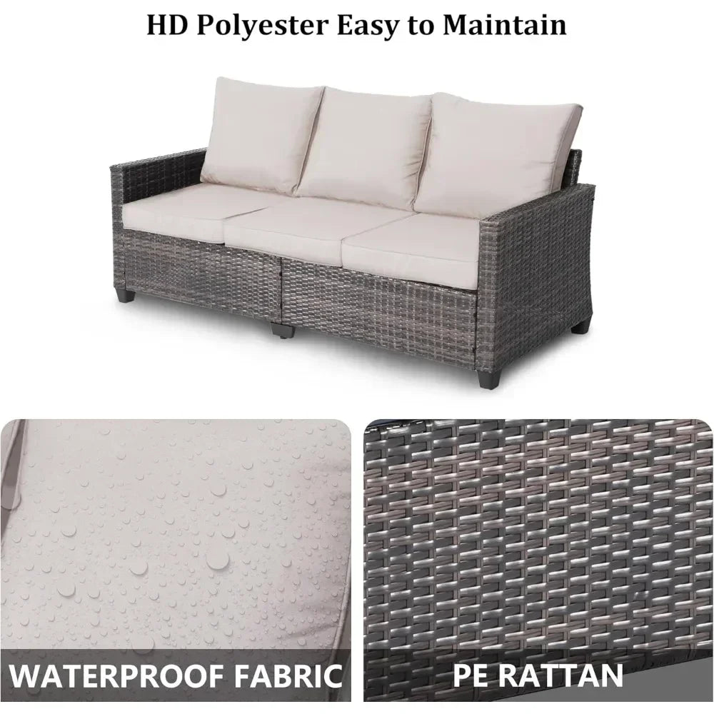 "3-seat weather-resistant wicker patio sofa with high curved back and plush cushions"