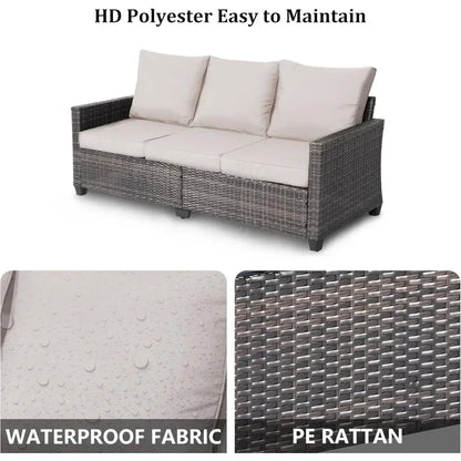"3-seat weather-resistant wicker patio sofa with high curved back and plush cushions"