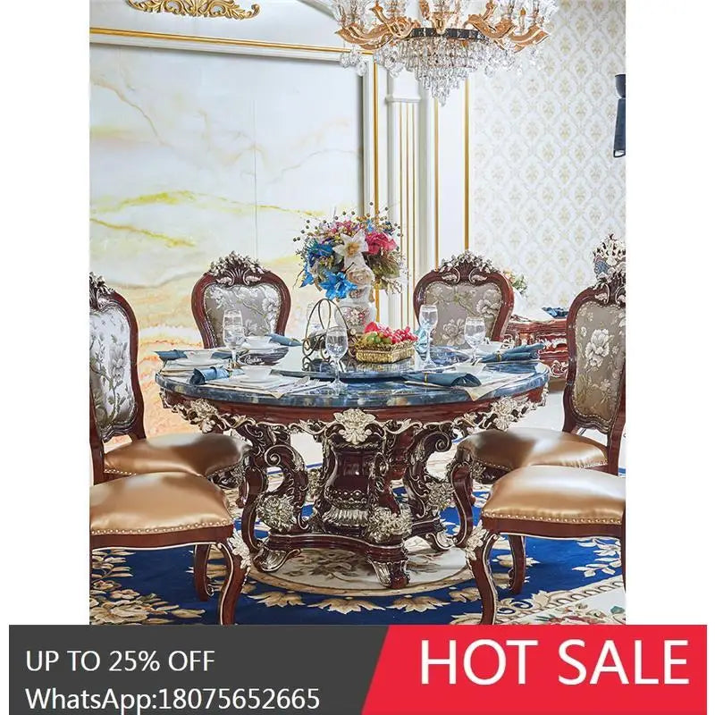 HLZ European Style Dining Table New Luxury High-End Solid Wood Home Marble French Retro Table and Chair Set Villa