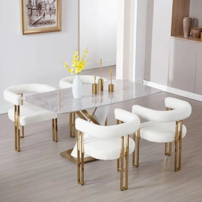 Set of 4 Barrel Dining Chairs, White Boucle Dining Room Chairs, Glam Side Chairs with Arms and Gold Chrome Legs, Sherpa Modern K
