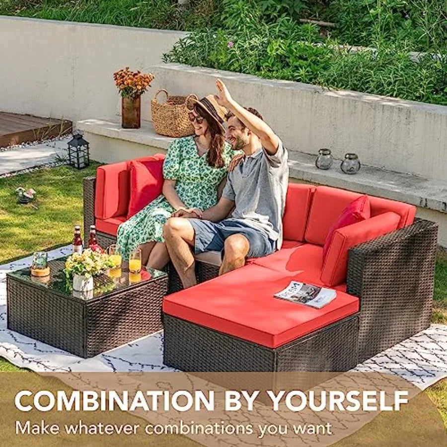 5 Pieces Patio Furniture Set Outdoor Sectional Sofa with Manual Weaving Wicker Rattan in Red Includes Cushions and Glass Table
