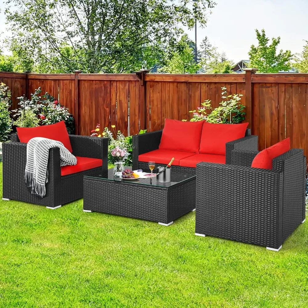 4 Piece Patio Rattan Conversation Furniture Set, Outdoor Wicker Sofa Set with Padded Cushion & Tempered Glass Coffee Table, Wic