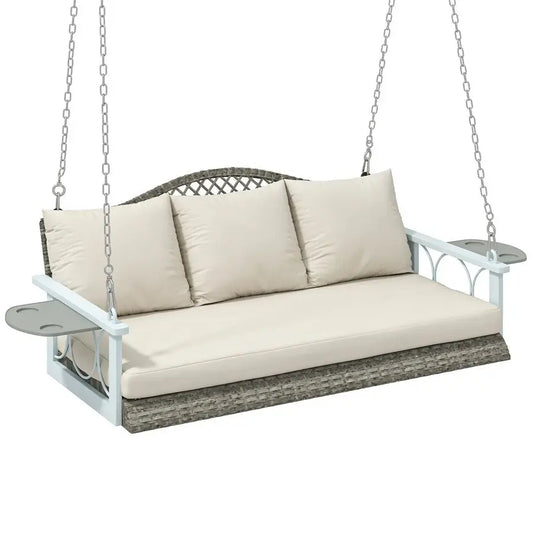 3 Person Wicker Porch Swing Chair Heavy Duty 800 LBS with Cup Holder, 57 Inch Outdoor Rattan Patio Hanging Swing Bench with Cus