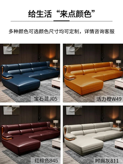 The first layer leather sofa high-grade villa solid wood high-end living room modern simple apartment blue Nordic style custom