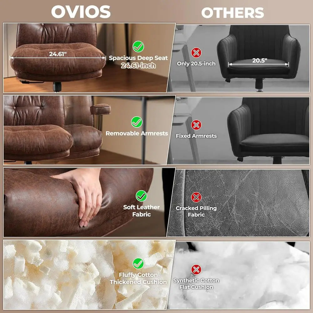 Ergonomic Century Modern Leather High-Back Swivel Chair with Plush Cushion, Brown Suede (Executive Office)