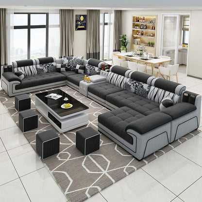 Modern Living Room Lounge 7 Seater U Shaped Sofa Set Furniture L Shape Sectional Couch Luxury Microfiber Fabric Modular Sofa