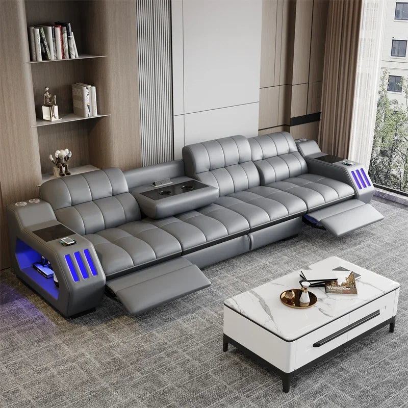 -Popular New Products Massage Function Furniture Living Room Sofa 3 Set Leather Sectional L-shaped Princess Side Table Bluetooth