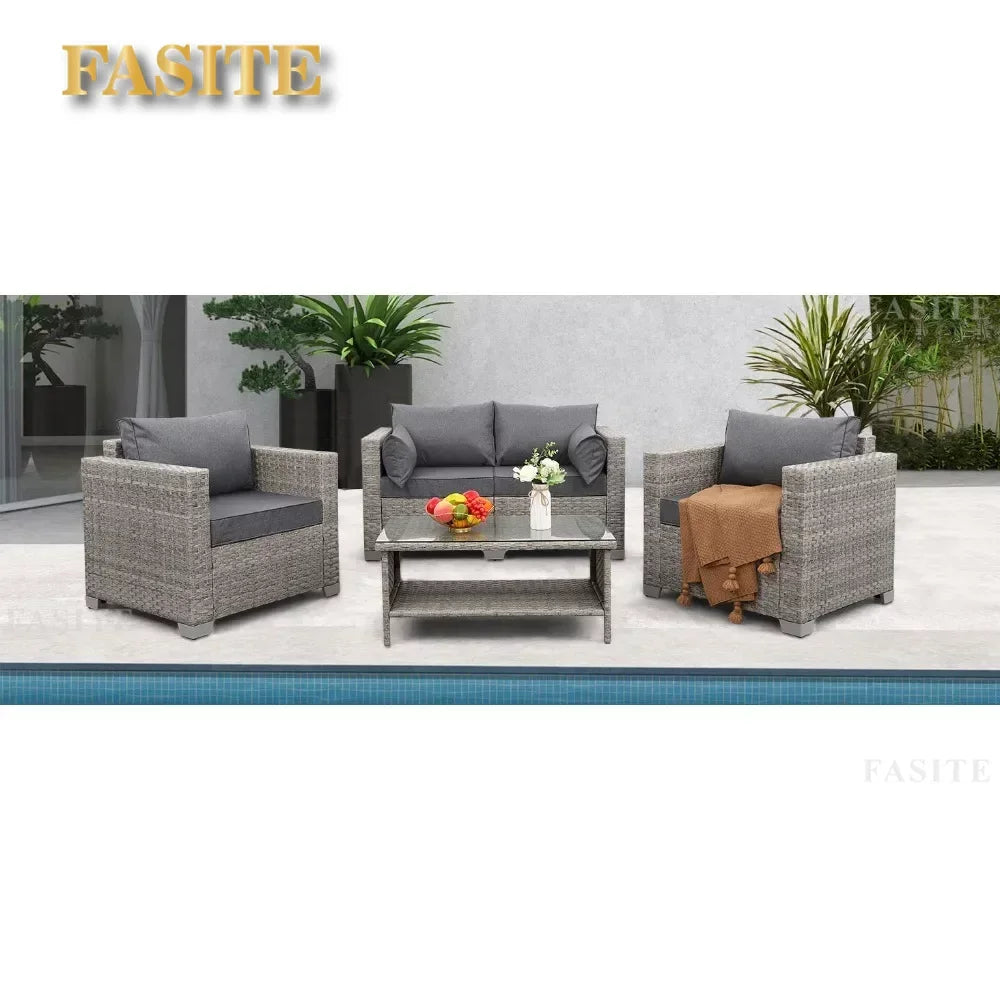 Garden Furniture Set 7 Piece, Patio Couch Sets Chair, PE Rattan Sectional with 45" Fire Pit Table, Garden Furniture Set
