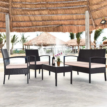 4 Pieces Patio Furniture Set, Wicker Conversation Set with Water-Resistant Cushion & Tempered Glass Table, Porch Deck Furniture
