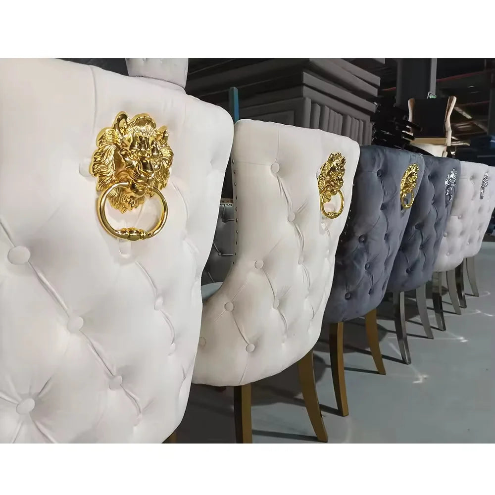 European Luxury Velvet Dining Chairs with Lion Knocker, Modern Button Tufted Design, Stainless Steel Legs  Set of 6