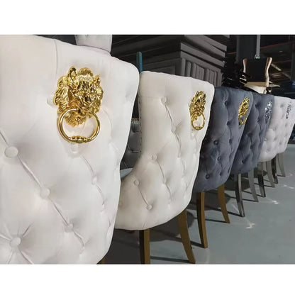 European Luxury Velvet Dining Chairs with Lion Knocker, Modern Button Tufted Design, Stainless Steel Legs  Set of 6