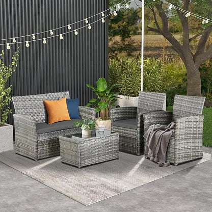 Patio Outdoor Furniture 4 Pieces Sectional Sofa Set Balcony Furniture Wicker Rattan Chairs with Table and Loveseat for Garden