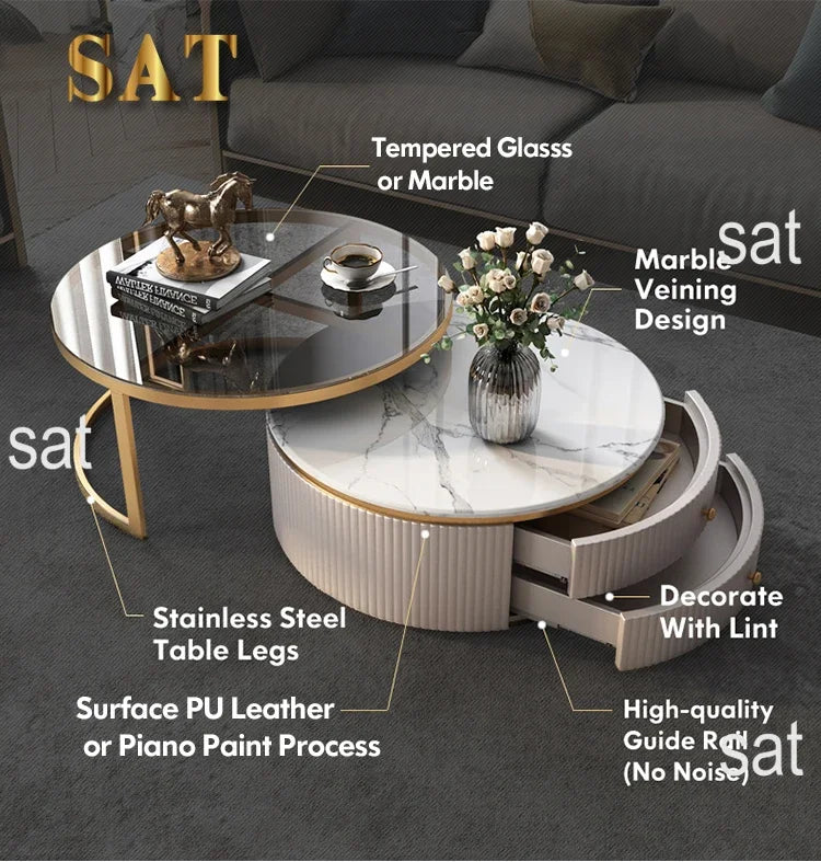 #Luxury Furniture Marble Top Gold Stainless Steel Frame Sectional Glass Round Coffee Table