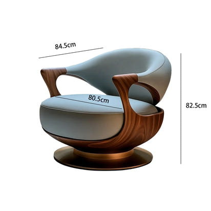 1PJ12New Chinese-style villa large flat-floor study leather walnut rotating ingot chair single sofa