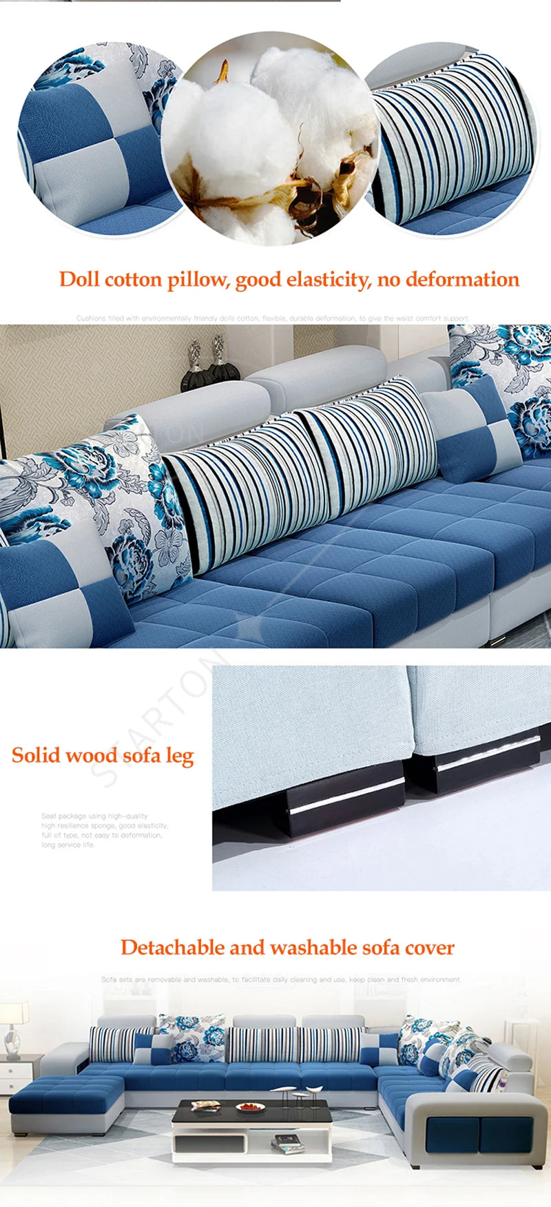 European Luxury Living Room Sofas 7 Seater U Shaped Home Furniture Wooden Fabric Armchair Corner Recliner Sectional  Sofa Set