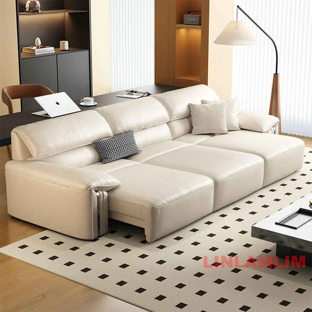 Modern Convertible Genuine Leather Sofa Bed – Multi-functional Electric Sleeper Couch with Adjustable Seats & Wide Chaise Lounge