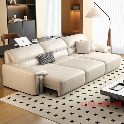 Modern Convertible Genuine Leather Sofa Bed – Multi-functional Electric Sleeper Couch with Adjustable Seats & Wide Chaise Lounge