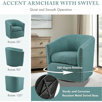 Swivel Barrel Accent Chair with Upholstered Curved Back, 7-Inch Thick Cushion, 360° Rotation, Nailhead Trim