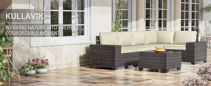 YND6-WQQkulavik 6PCs outdoor furniture set PE Wicker rattan sectional sofa patio conversation sets. navy blue