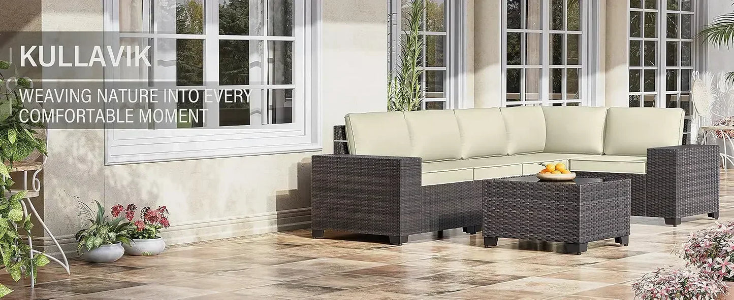 YND6-WQQkulavik 6PCs outdoor furniture set PE Wicker rattan sectional sofa patio conversation sets. navy blue