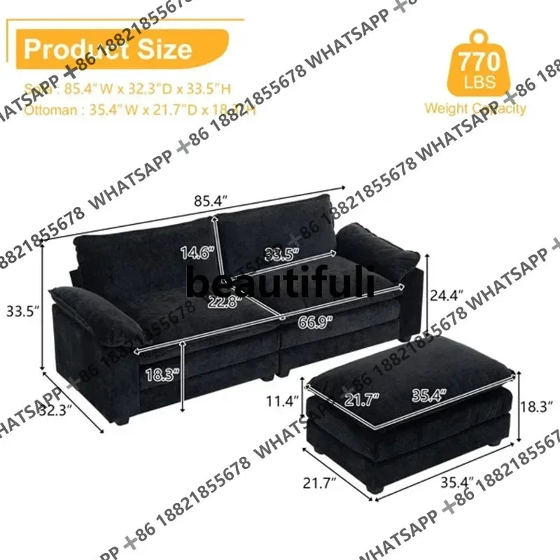 R Living Room Sofas Chenille Puffs Two-Seater Sofa With Footstool Sofa Double Bag Indoor Double Black Home Furniture