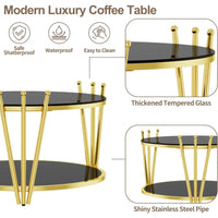 Round Gold Glass Coffee Table 31.5" Black Tempering Glass Living Room Table Modern Luxury Crown Design Stainless Steel Leg, Sofa