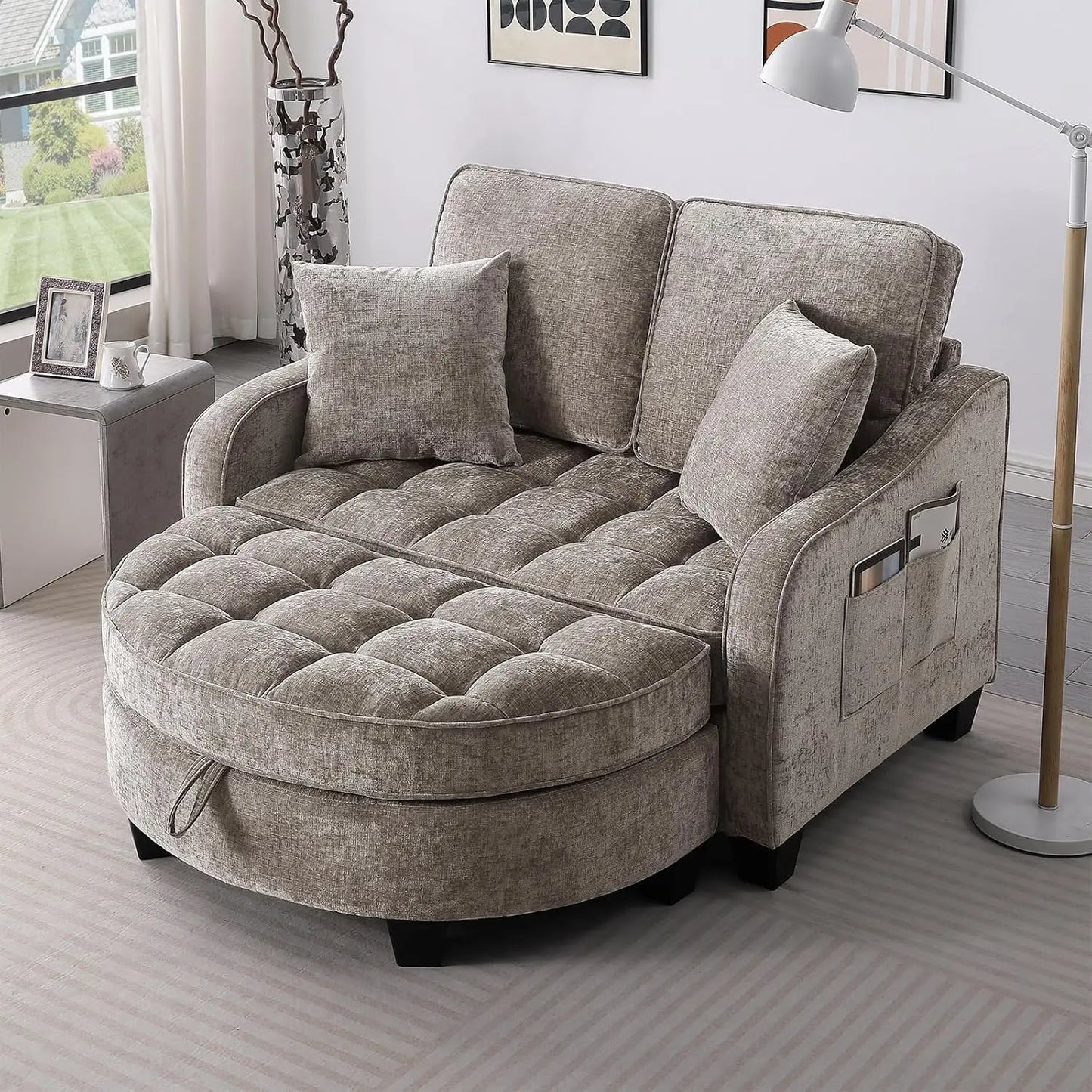 Oversized Curved Chaise Lounge Chair Indoor with Ottoman, 54.8" Cloud Reading Chair Soft Chenille Circle, Customized