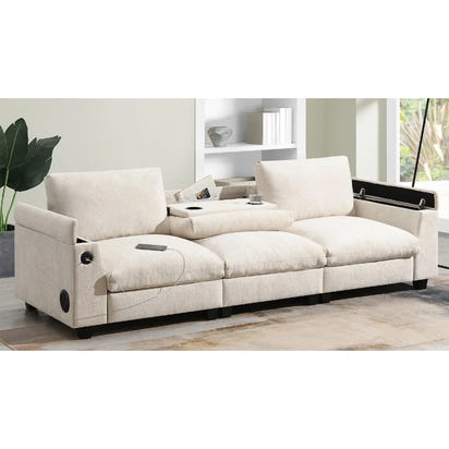 9635''Chenille Sectional Sofa with Bluetooth Speaker Comfy Cloud Couch Set with Drop Down Table Cup Holders USB Charger Storage