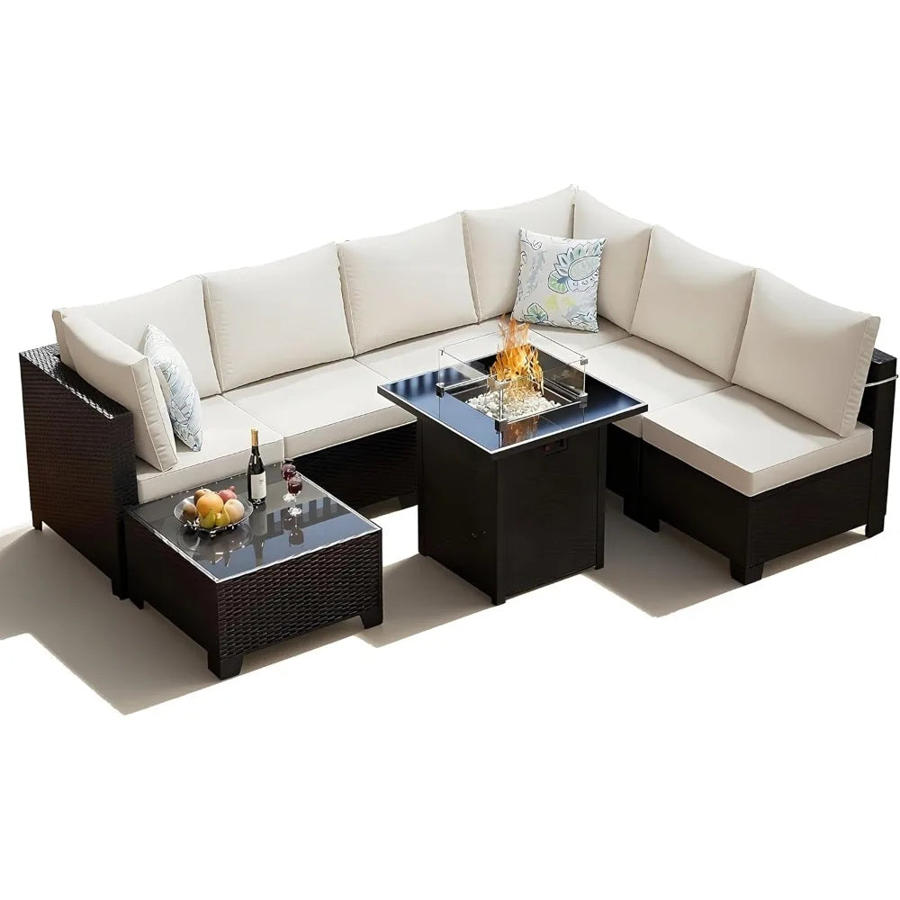 8 Piece Outdoor Patio Furniture Set with Fire Pit, Wicker Outdoor Sectional Sofa for Deck, Garden, Lawn