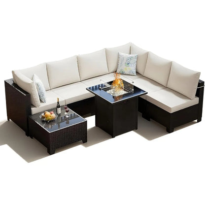 8 Piece Outdoor Patio Furniture Set with Fire Pit, Wicker Outdoor Sectional Sofa for Deck, Garden, Lawn