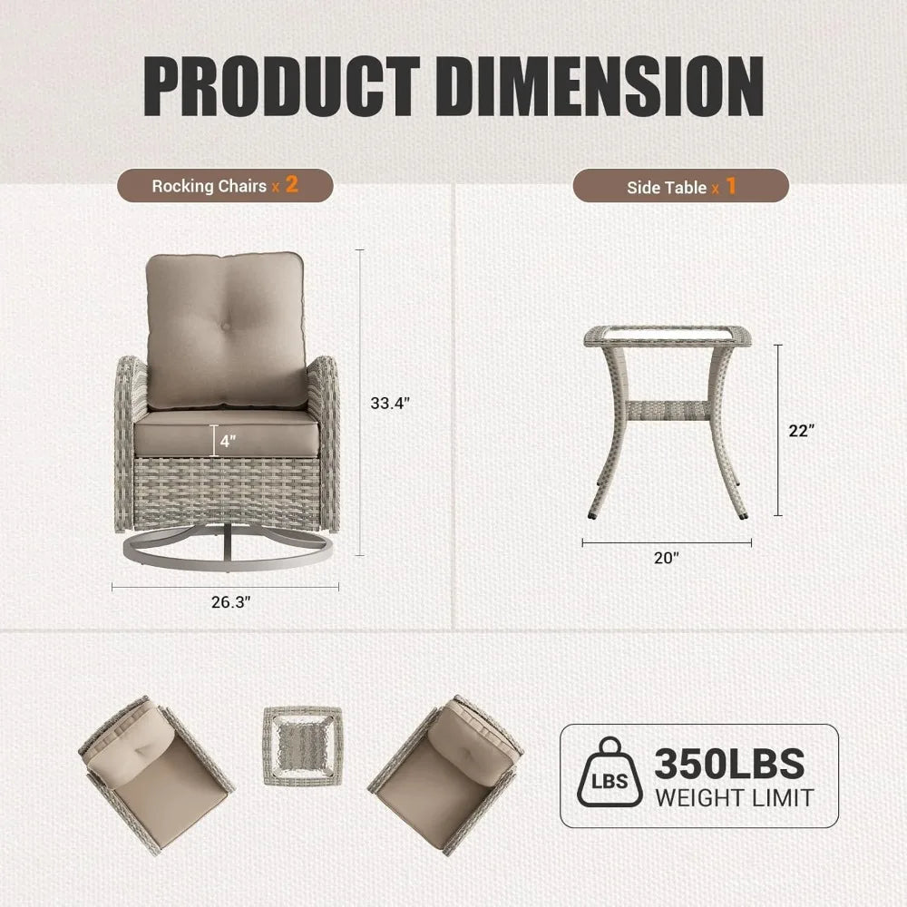 Patio Rocking Swivel Chair Outdoor Wicker Rattan Bistro Set with Tempered Glass Side Table