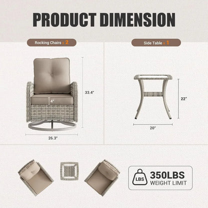 Patio Rocking Swivel Chair Outdoor Wicker Rattan Bistro Set with Tempered Glass Side Table