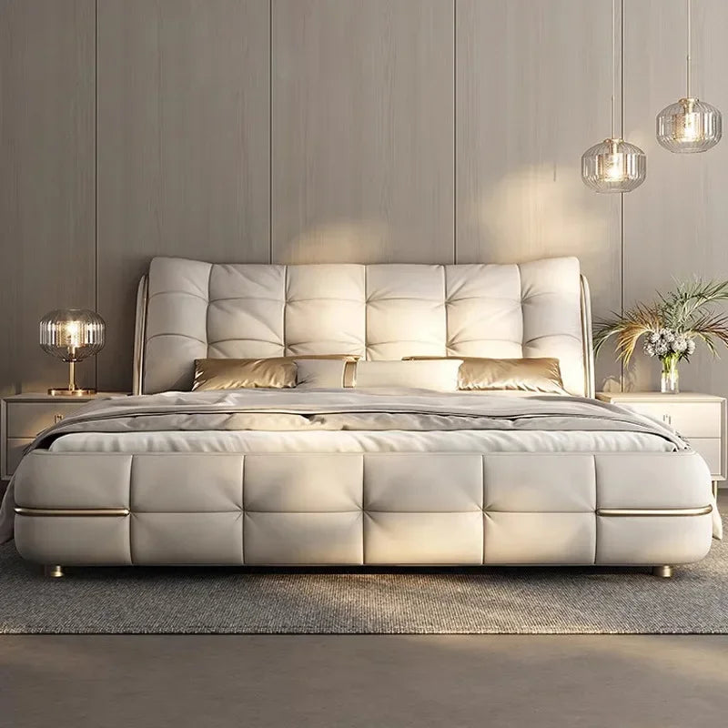 Modern simple light luxury cream style leather bed