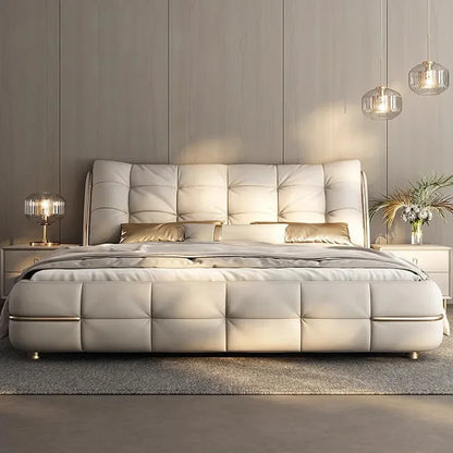 Modern simple light luxury cream style leather bed