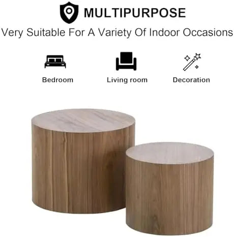Nesting Coffee Table Set of 2, Modern Round Walnut Wooden Tables for Small Spaces