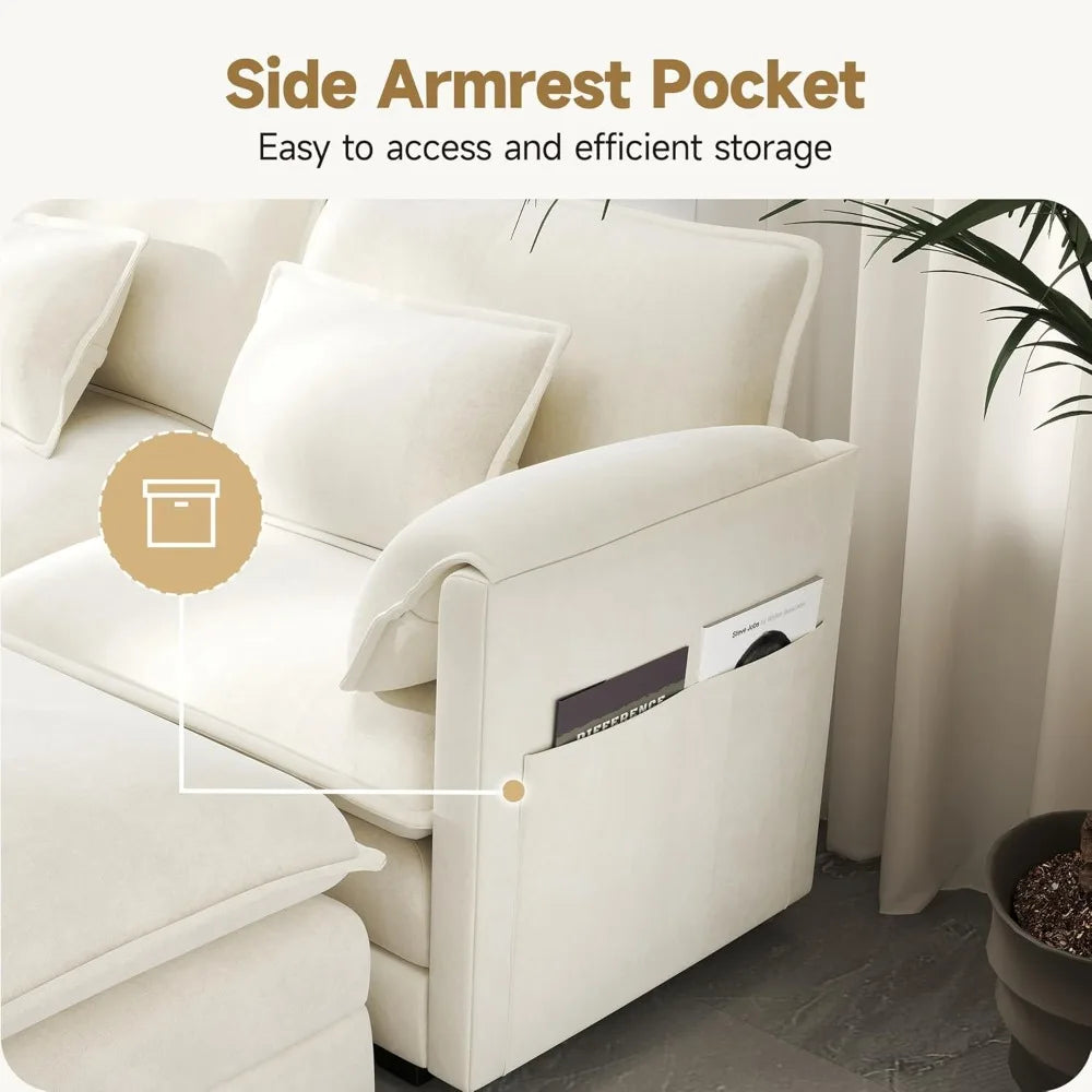 l-shaped chenille modular sectional sofa with movable ottoman, 6 pillows and 2 armrest cushions for living room