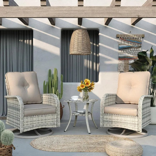 Patio Rocking Swivel Chair Outdoor Wicker Rattan Bistro Set with Tempered Glass Side Table, Outdoor Patio Furniture Set for Gard