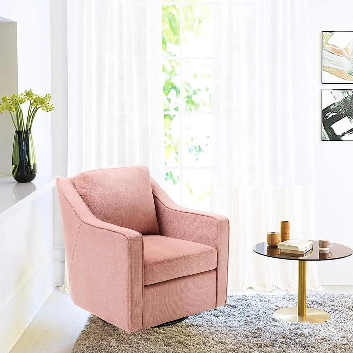 Swivel Accent Chair, 360° Rotation Chenille Fabric Upholstered Leisure Armchair with Lumbar Pillow for Living Room Bedroo