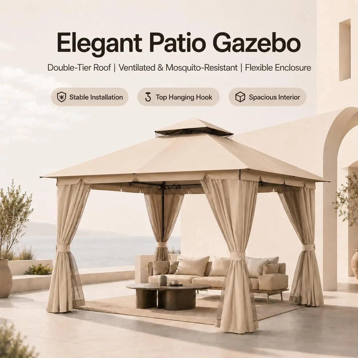10'x13' Outdoor Gazebo, Heavy Duty Metal Patio Canopy Tent Shelter with Double Roof, Mosquito Netting & Privacy