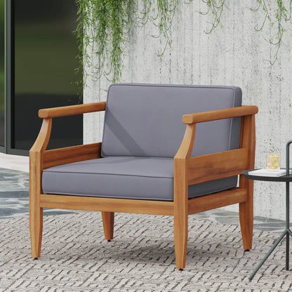 Outdoor Acacia Wood Lounge Armchair with Water Resistant Cushion, Modern Club Chair for Garden Patio Backyard Poolside
