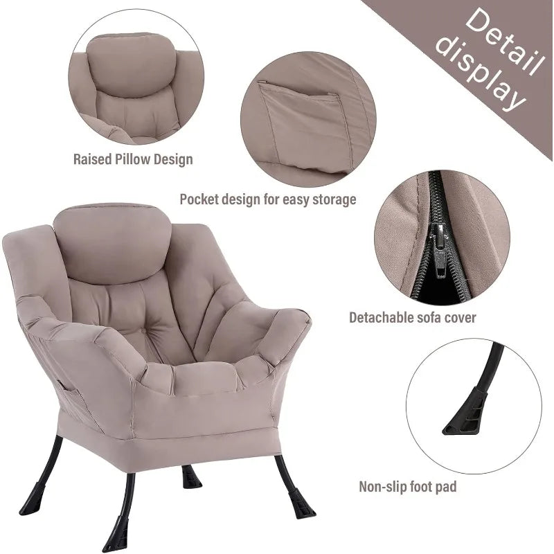 Reading Lounge Chair Set, Lazy Chair with Ottoman & Pocket, Khaki Upholstered
