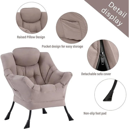 Reading Lounge Chair Set, Lazy Chair with Ottoman & Pocket, Khaki Upholstered