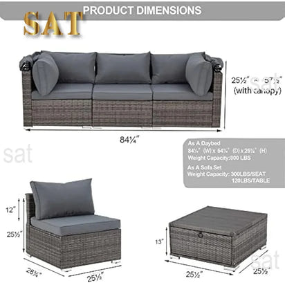 Y 6 Pieces Patio Furniture Sets, Rattan Daybed with Retractable Canopy, Outdoor Sectional Sofa Set with Adjustable Backrest