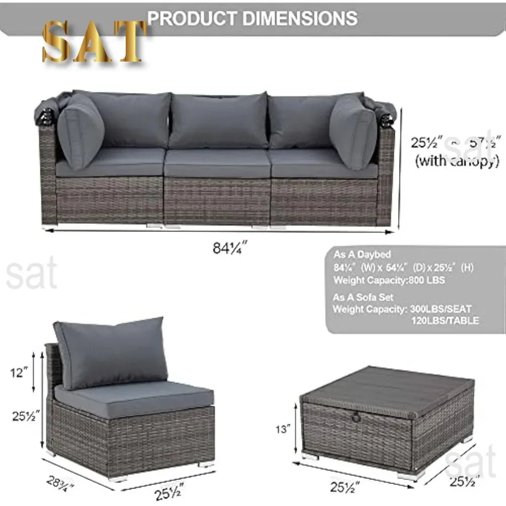 Y 6 Pieces Patio Furniture Sets, Rattan Daybed with Retractable Canopy, Outdoor Sectional Sofa Set with Adjustable Backrest