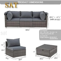 Y 6 Pieces Patio Furniture Sets, Rattan Daybed with Retractable Canopy, Outdoor Sectional Sofa Set with Adjustable Backrest