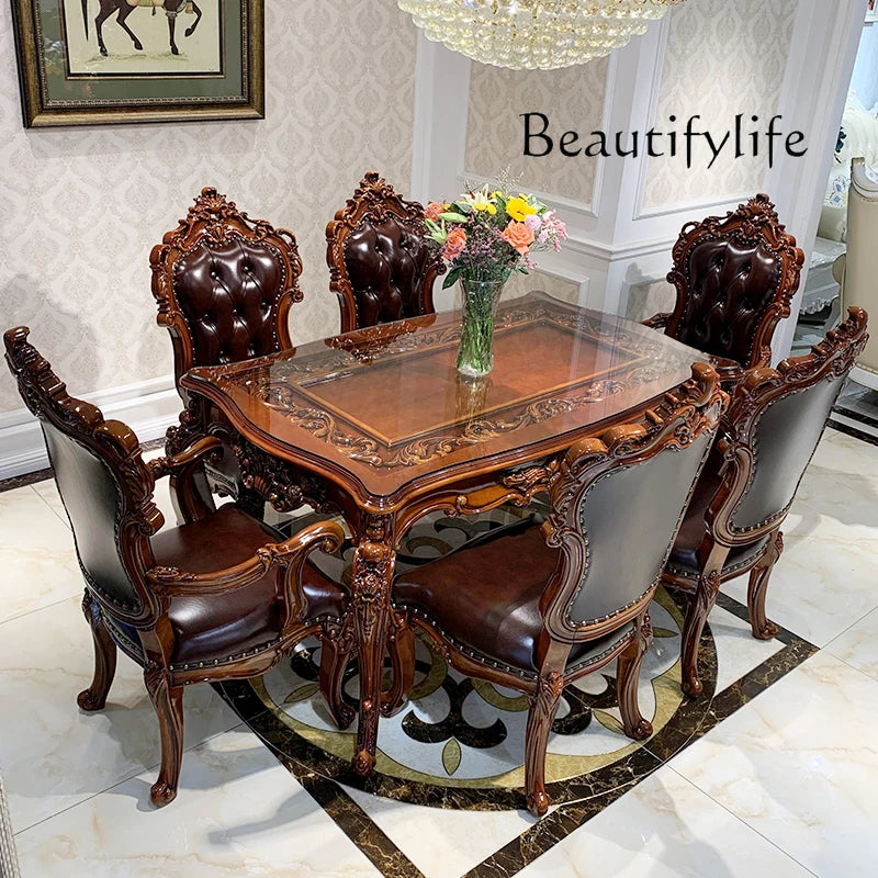 European-style all-solid wood dining table and chairs, living room, luxury villa home square table, French glass dining table